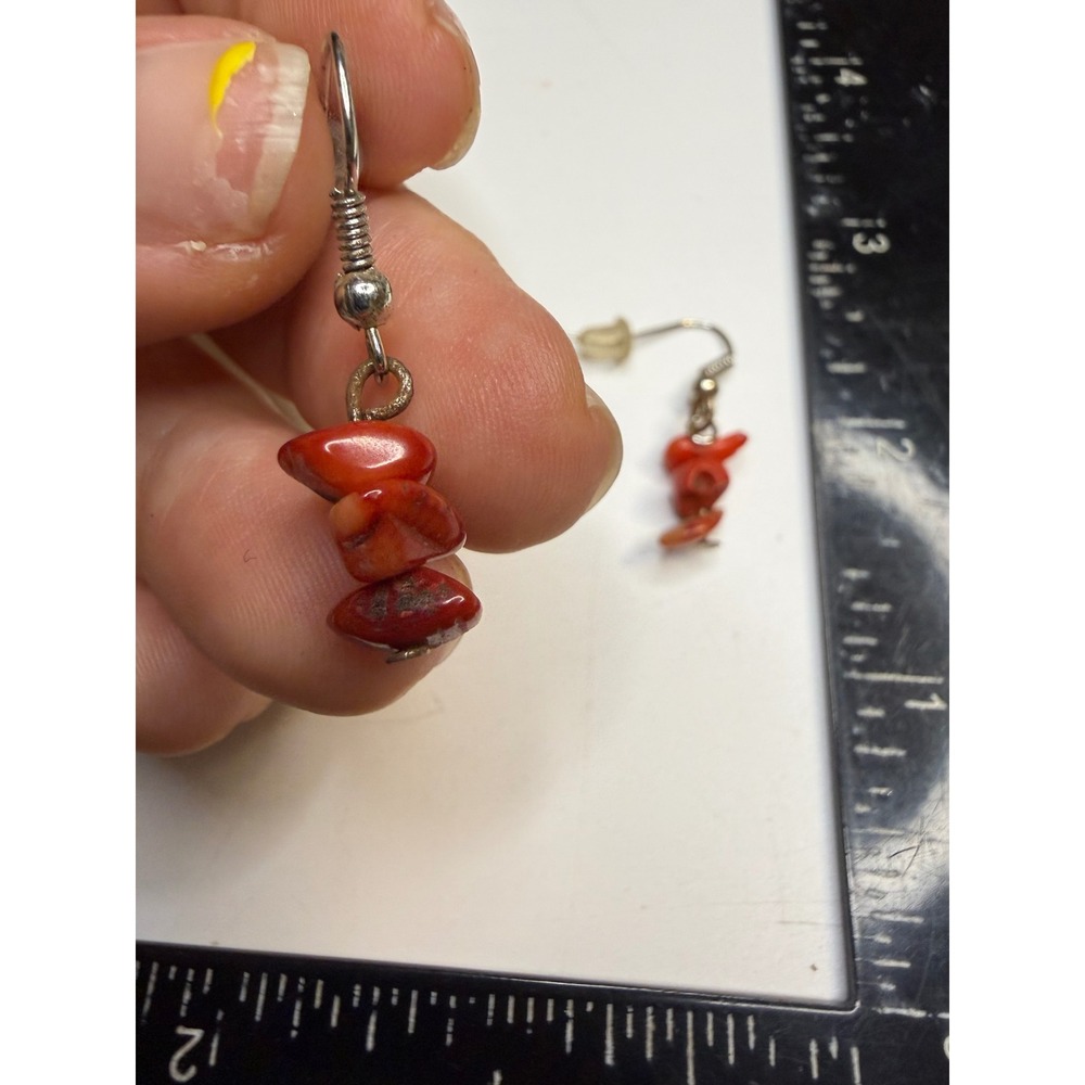 Red Coral Chip Dangle Earrings Silver Tone French Wire Boho Drop Jewelry